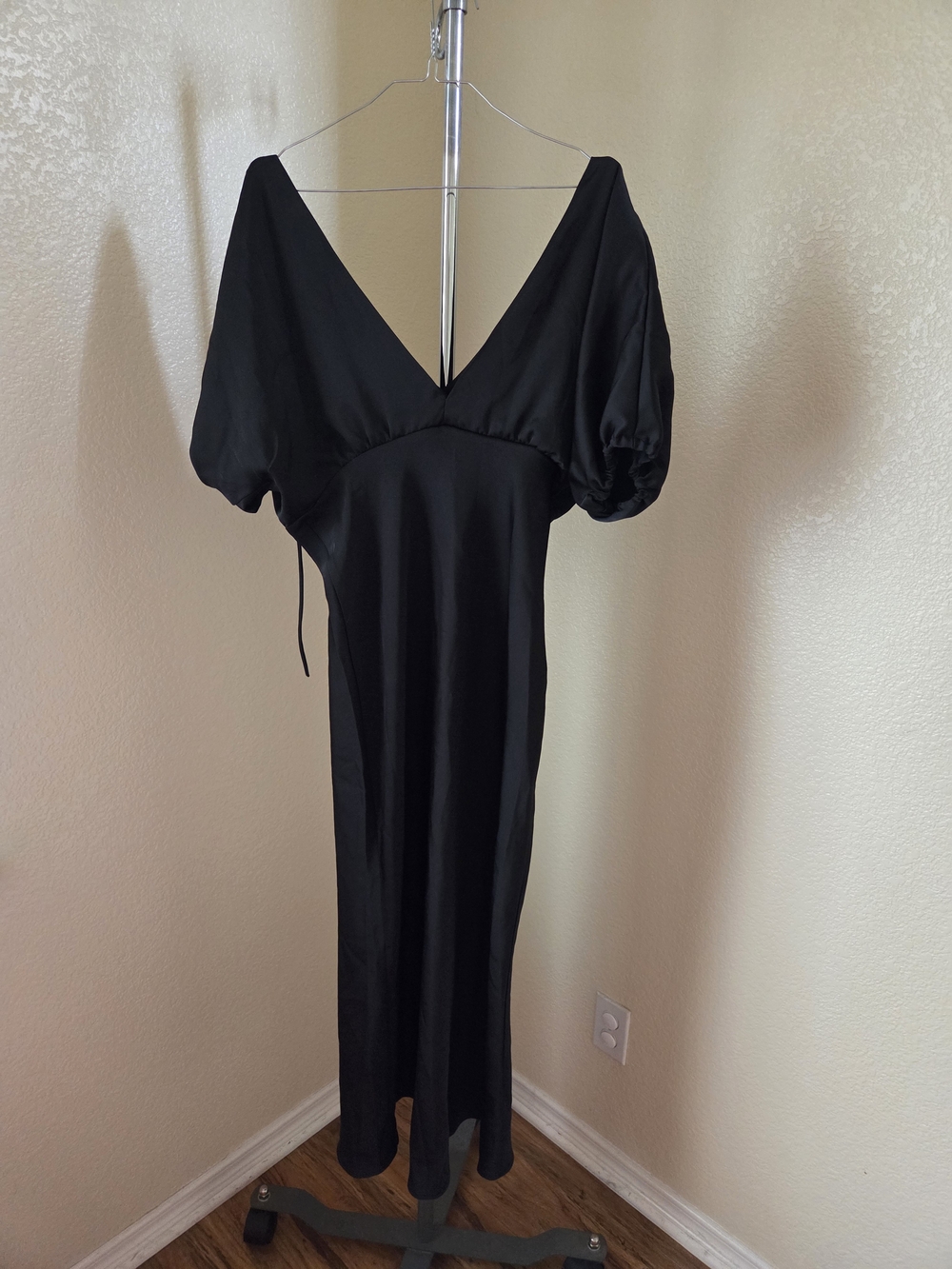 Lopath Satin V Neck Puffy Sleeves Empire Waist Midi Silk Sexy Tie Back Dress